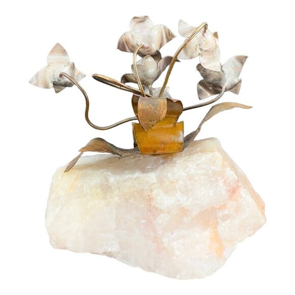 1960s Vintage Metal Flowers On A Pink Stone Mineral Rock Mid Century Figurine - Picture 2 of 10